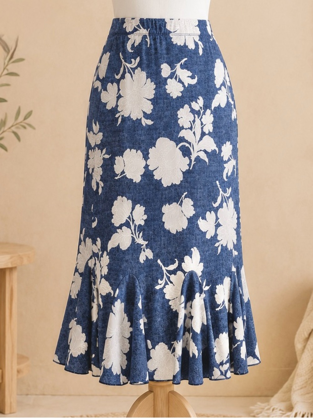 Blue White Cottagecore Floral Midi Skirt Coastal Flounce Hem Stretch Pull On L